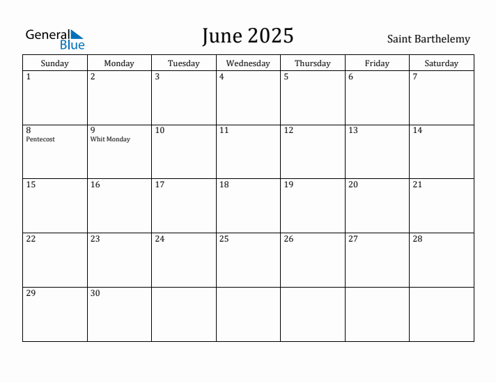 June 2025 Calendar Saint Barthelemy