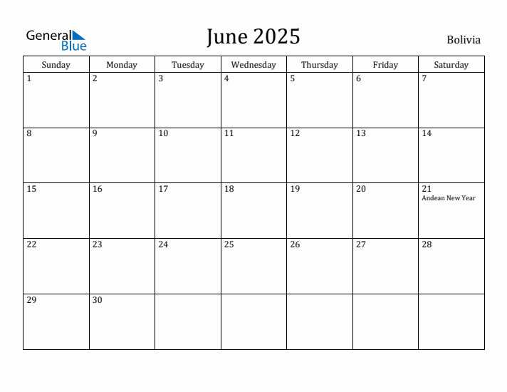 June 2025 Calendar Bolivia