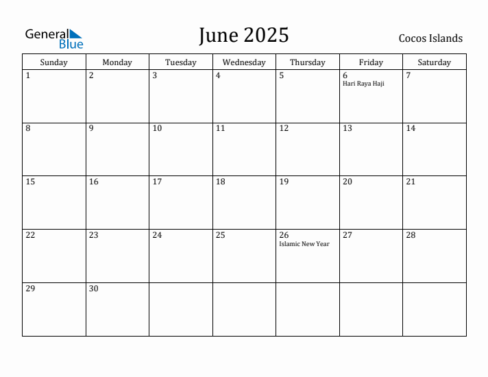 June 2025 Calendar with Cocos Islands Holidays