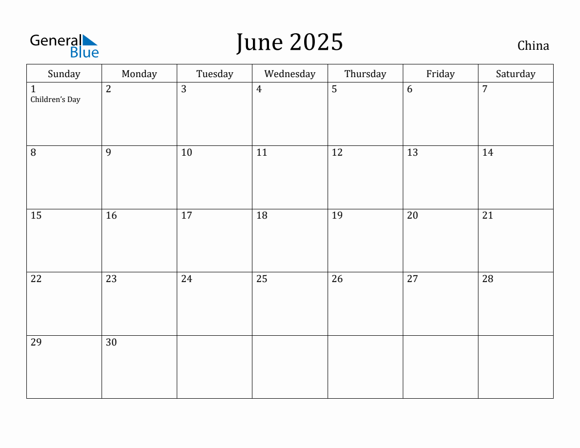 June 2025 Monthly Calendar with China Holidays