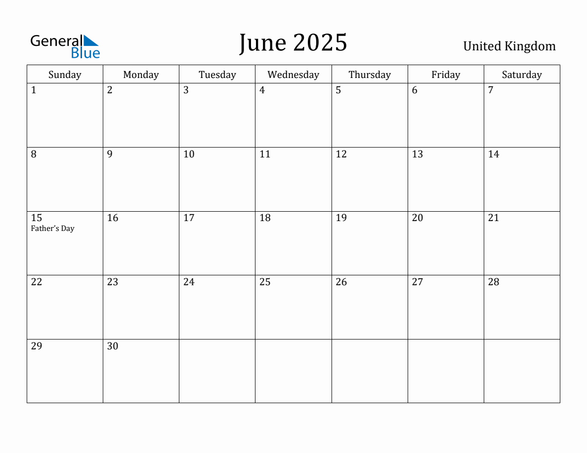 June 2025 Monthly Calendar with United Kingdom Holidays