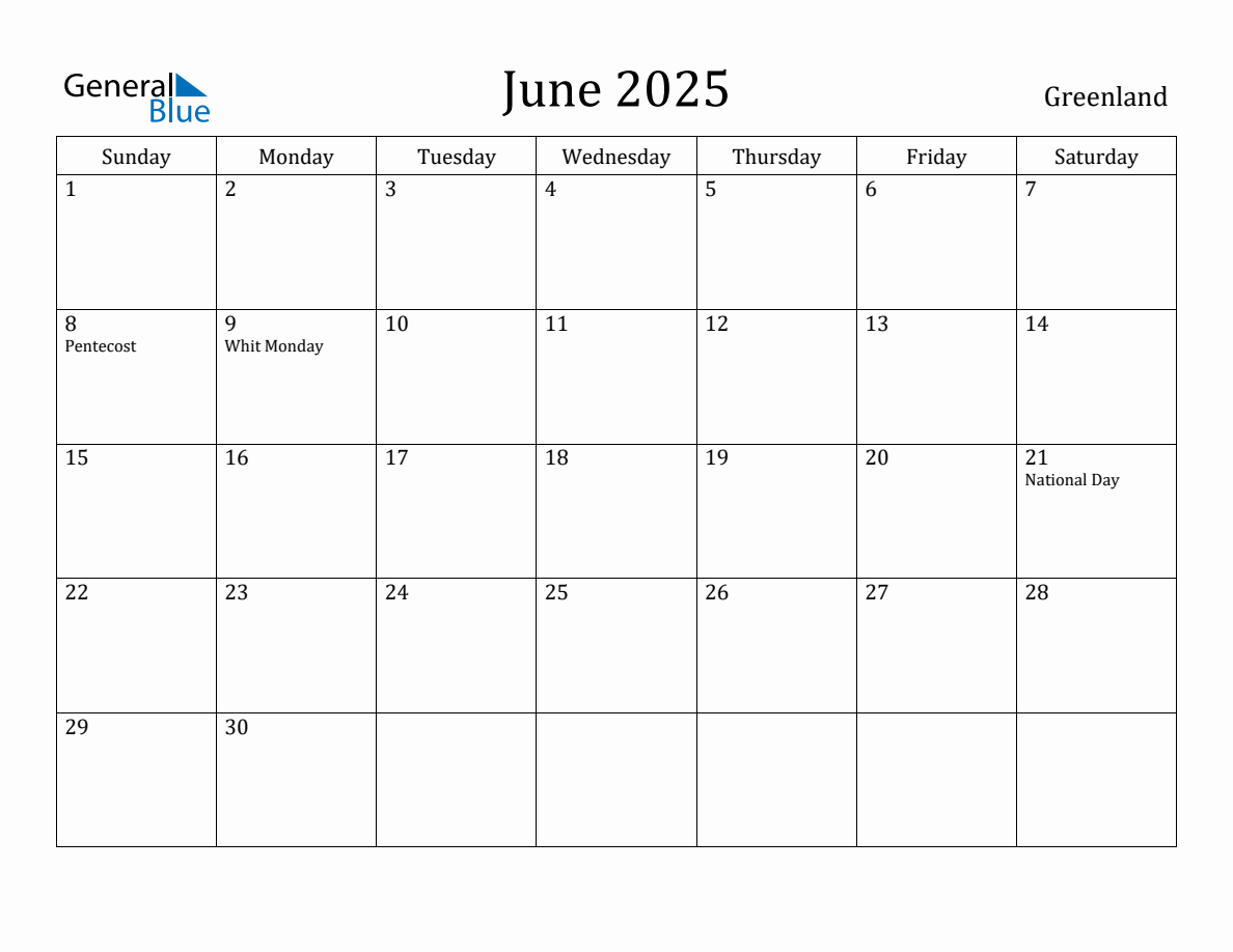 June 2025 Monthly Calendar with Greenland Holidays