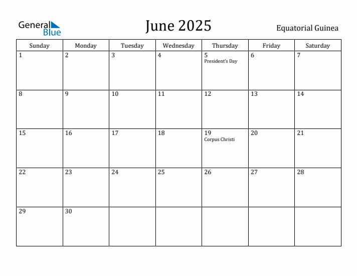 June 2025 Calendar Equatorial Guinea