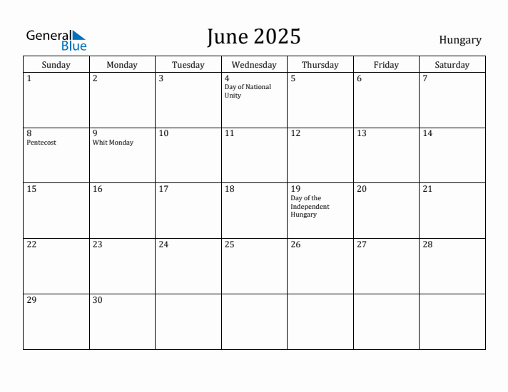 June 2025 Calendar Hungary