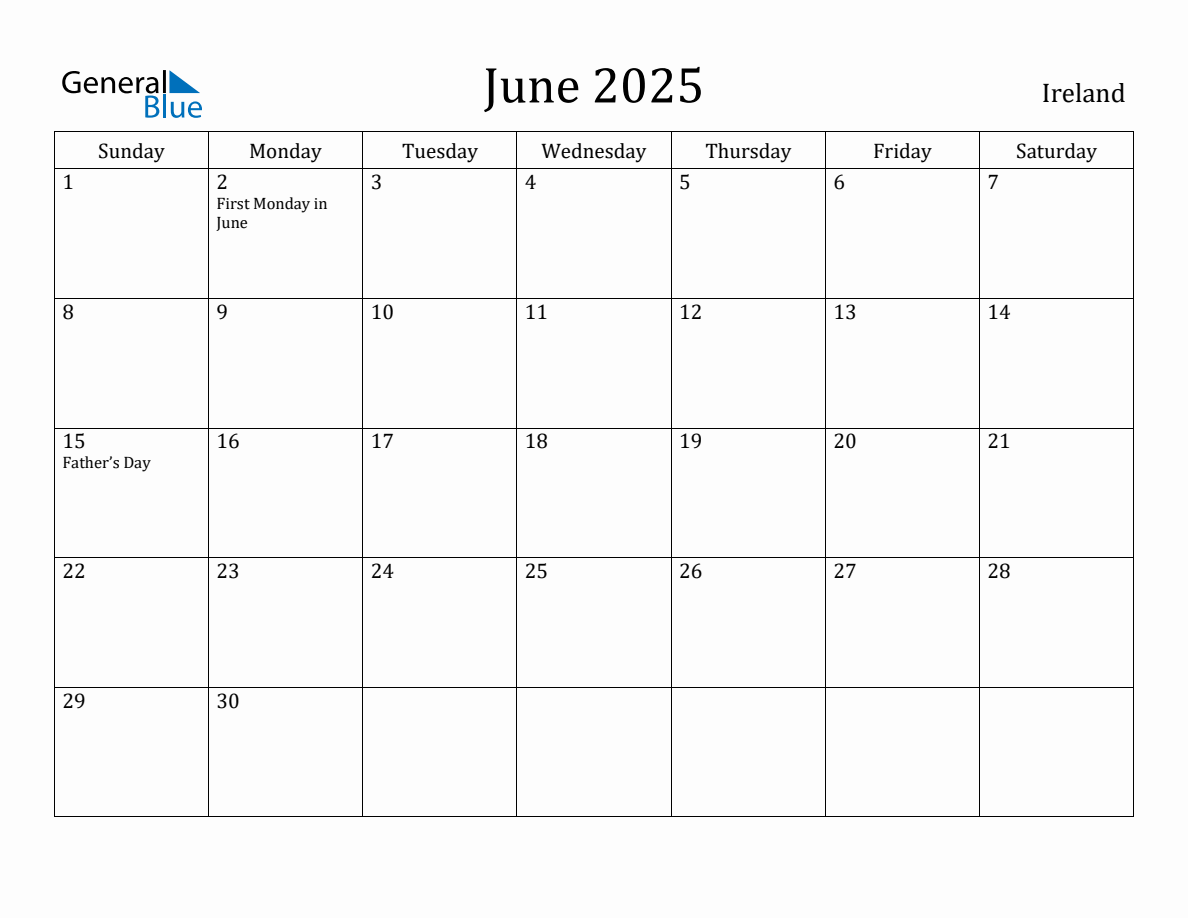 June 2025 Monthly Calendar with Ireland Holidays