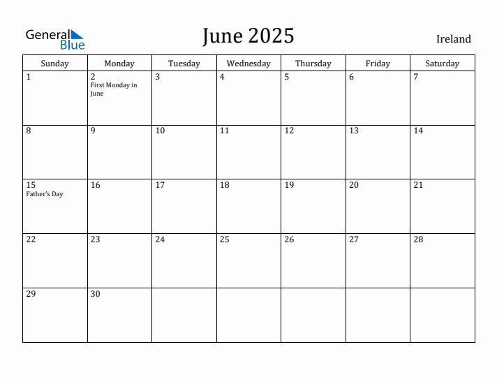 June 2025 Monthly Calendar with Ireland Holidays