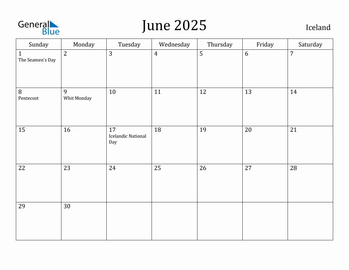 June 2025 Monthly Calendar with Iceland Holidays