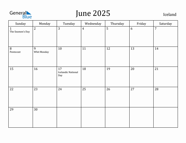 June 2025 Calendar Iceland
