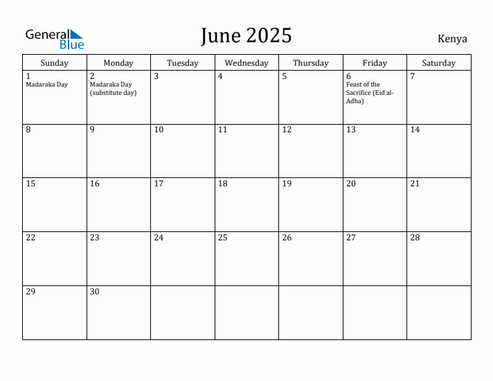 June 2025 Calendar Kenya