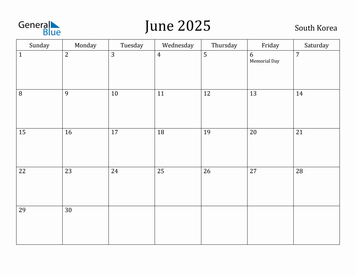 June 2025 Monthly Calendar with South Korea Holidays