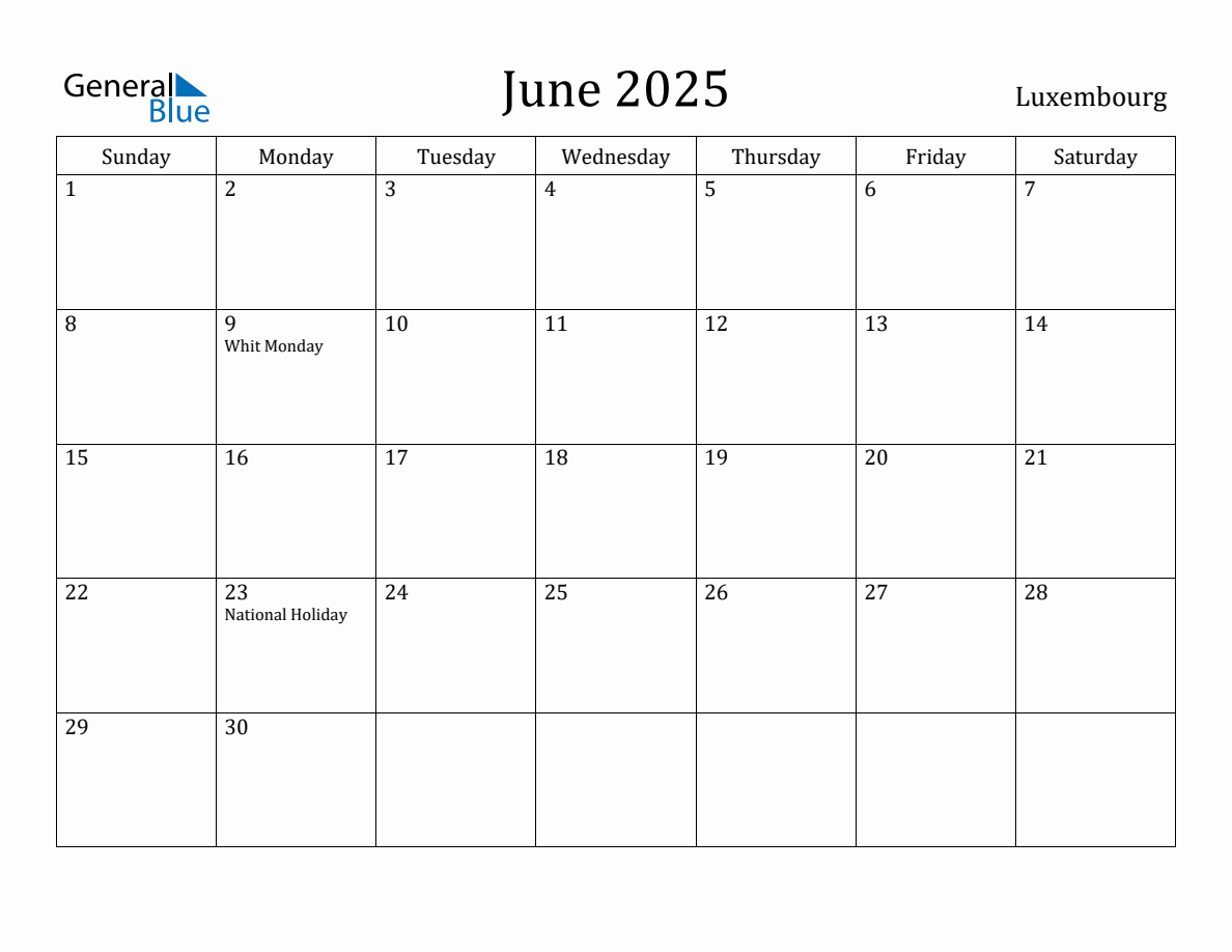 June 2025 Monthly Calendar with Luxembourg Holidays