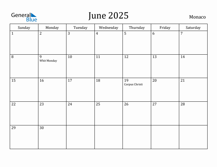 June 2025 Calendar Monaco