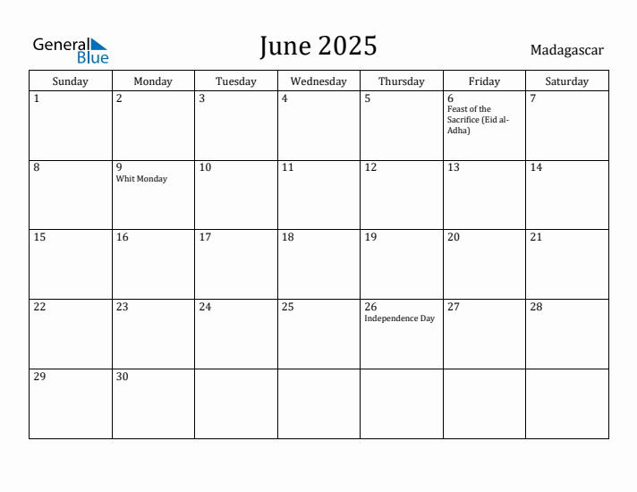 June 2025 Calendar Madagascar