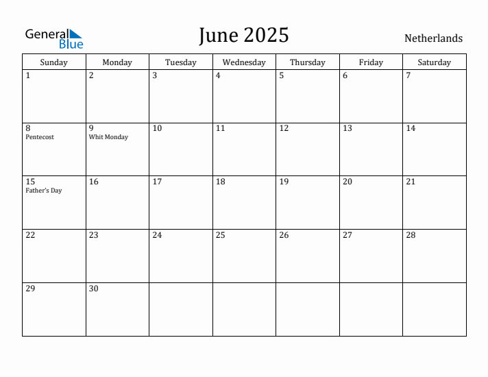 June 2025 Calendar The Netherlands