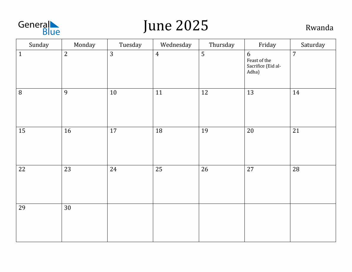 June 2025 Monthly Calendar with Rwanda Holidays