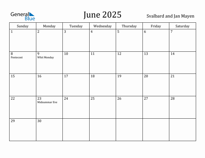 June 2025 Calendar Svalbard and Jan Mayen