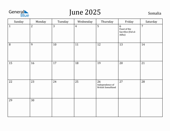 June 2025 Calendar Somalia