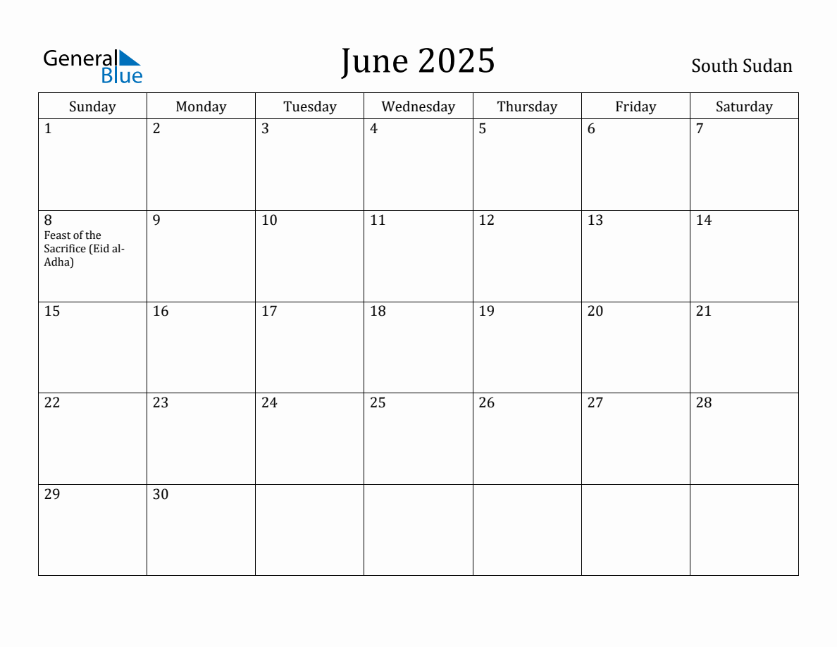 June 2025 Monthly Calendar with South Sudan Holidays