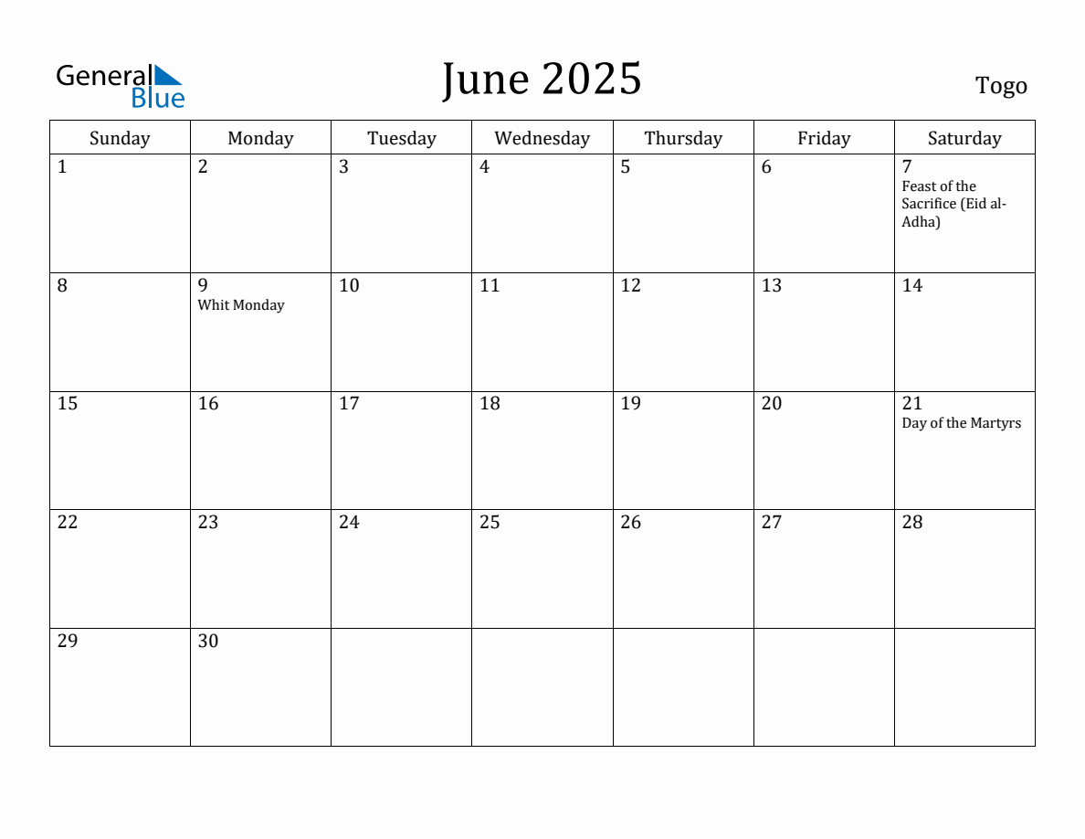 June 2025 Monthly Calendar with Togo Holidays