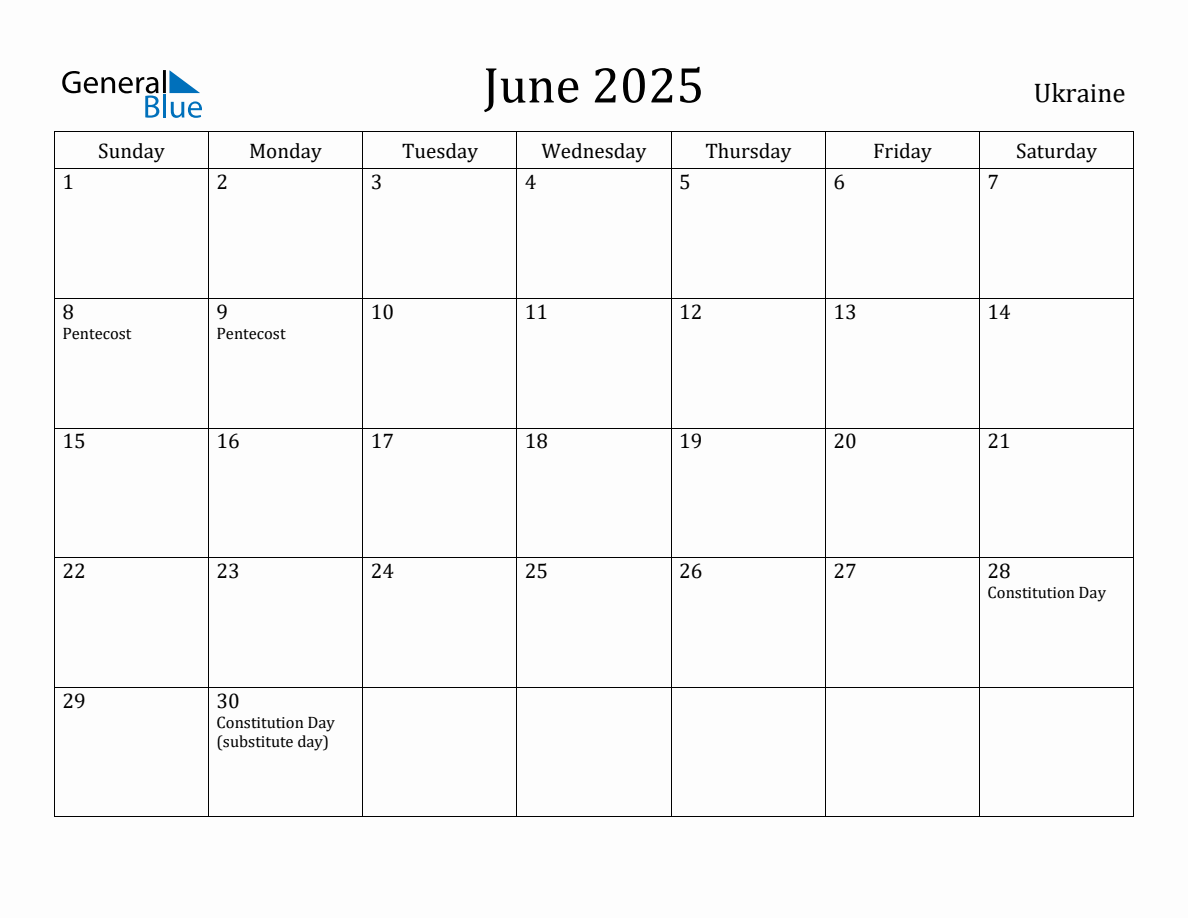 June 2025 Monthly Calendar with Ukraine Holidays