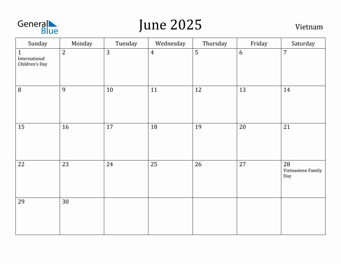 June 2025 Monthly Calendar with Vietnam Holidays