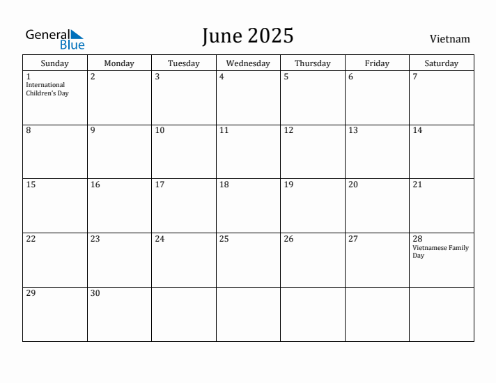 June 2025 Calendar Vietnam