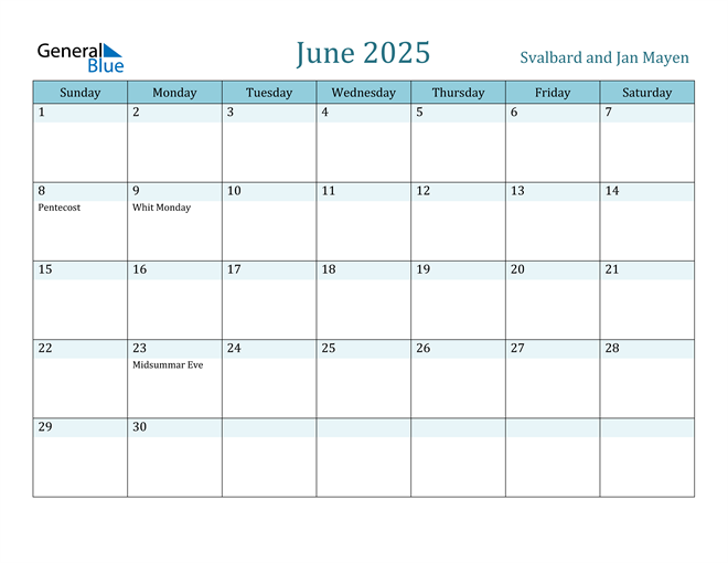 Svalbard and Jan Mayen June 2025 Calendar with Holidays