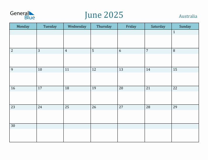 Australia Holiday Calendar for June 2025