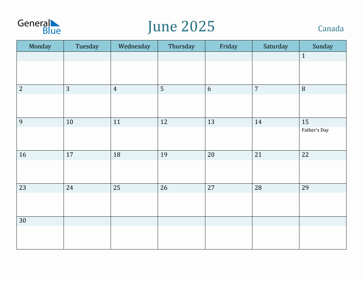 Canada Holiday Calendar for June 2025