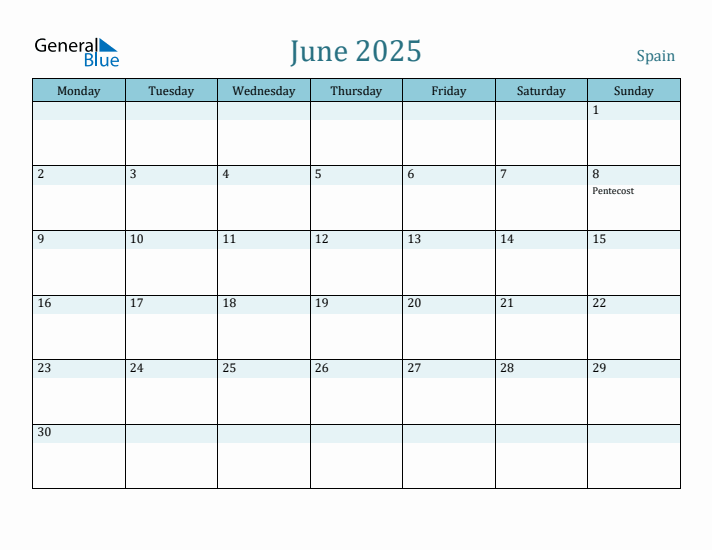 Spain Holiday Calendar for June 2025