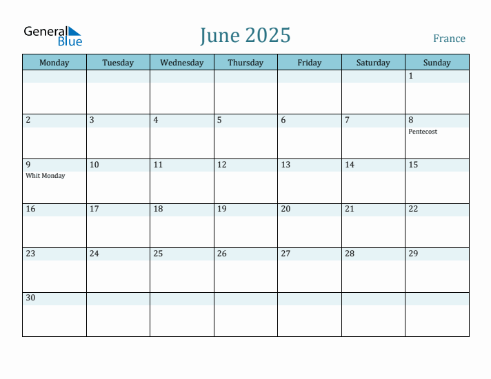 France Holiday Calendar for June 2025