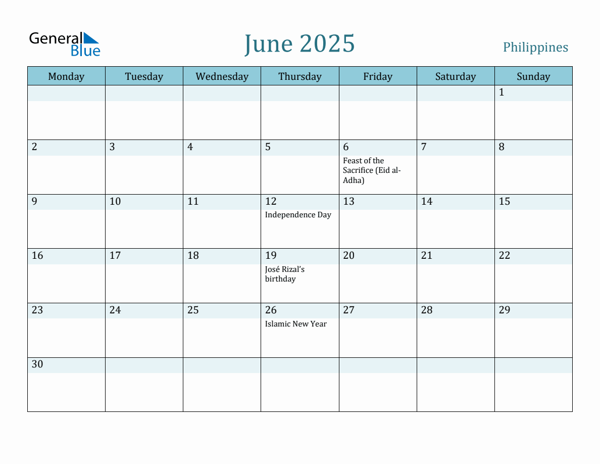 Philippines Holiday Calendar for June 2025