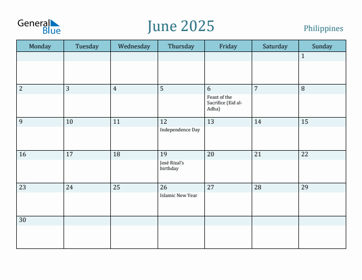 June 2025 - Philippines Monthly Calendar with Holidays