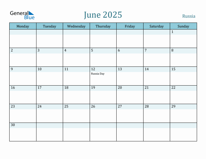 June 2025 Russia Monthly Calendar with Holidays