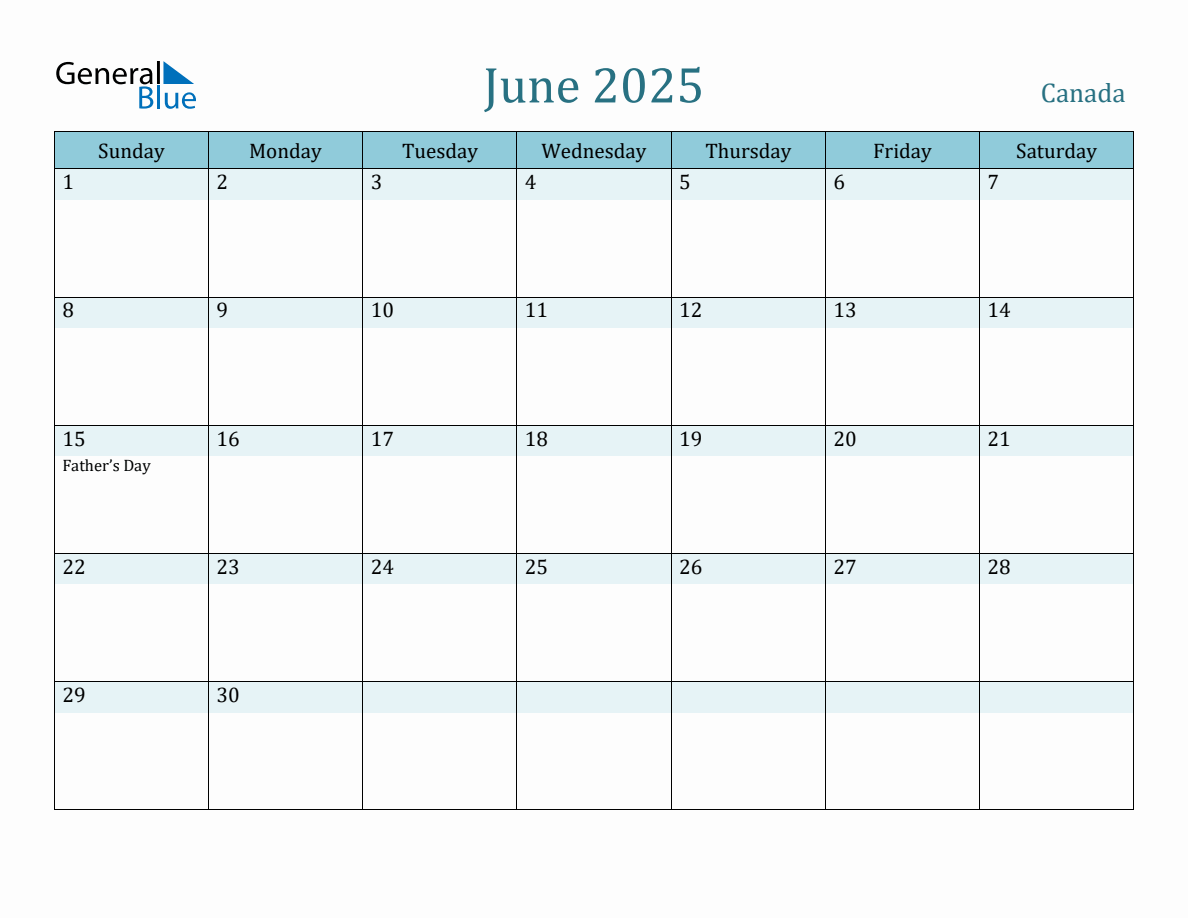 Canada Holiday Calendar for June 2025