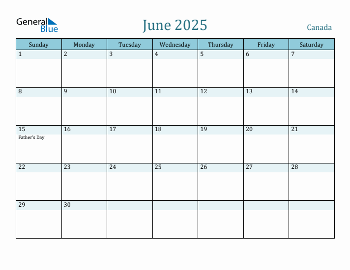 June 2025 Monthly Calendar with Canada Holidays