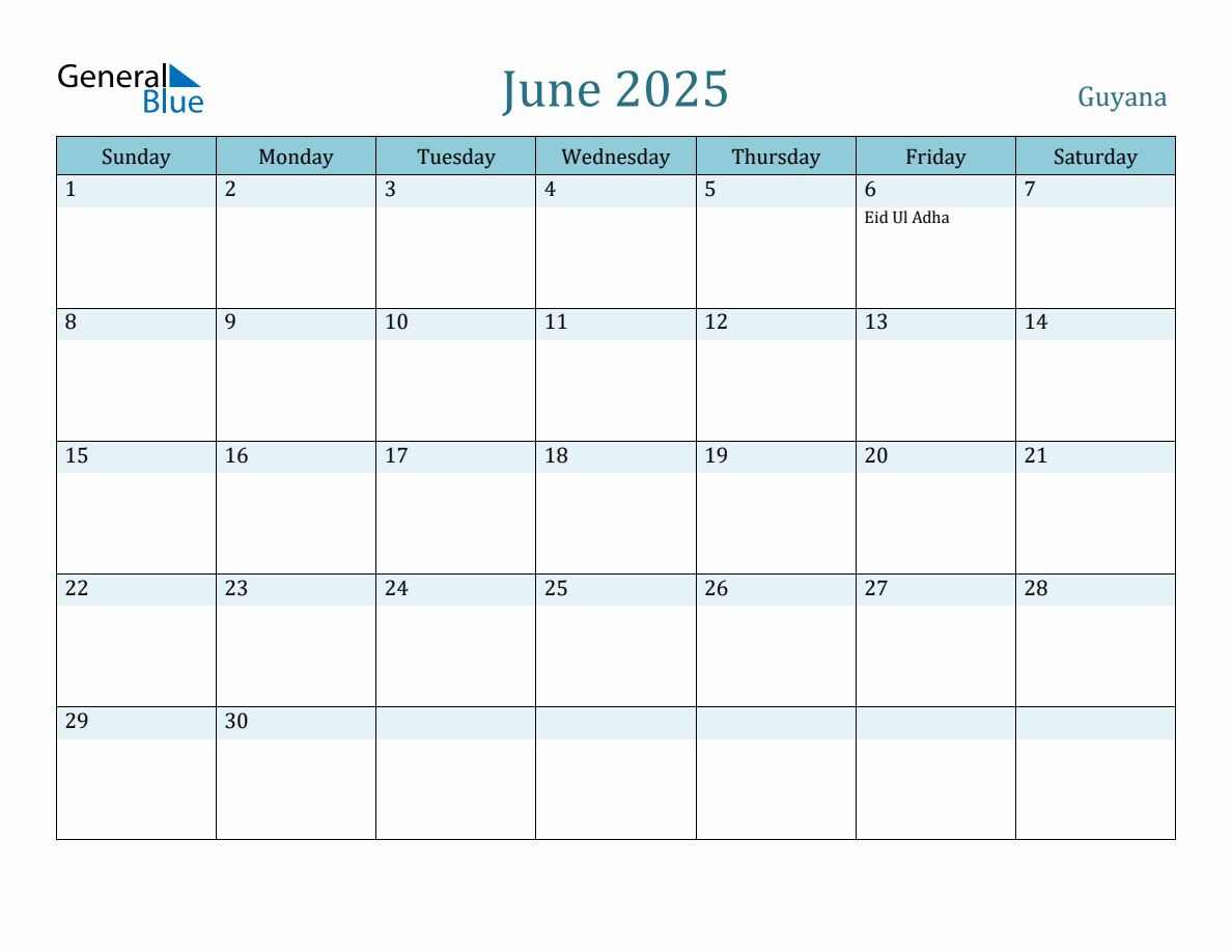 Guyana Holiday Calendar for June 2025