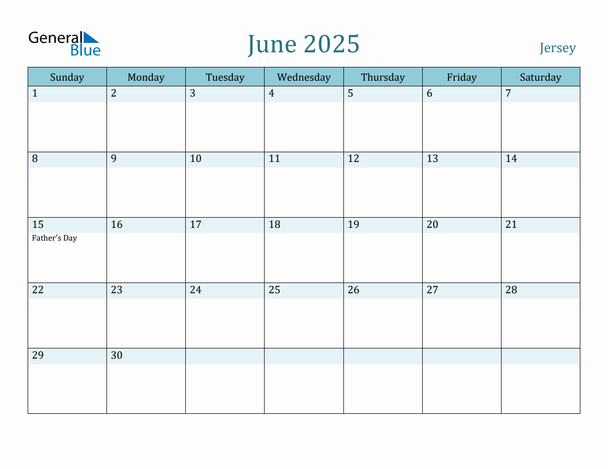 Jersey Holiday Calendar for June 2025