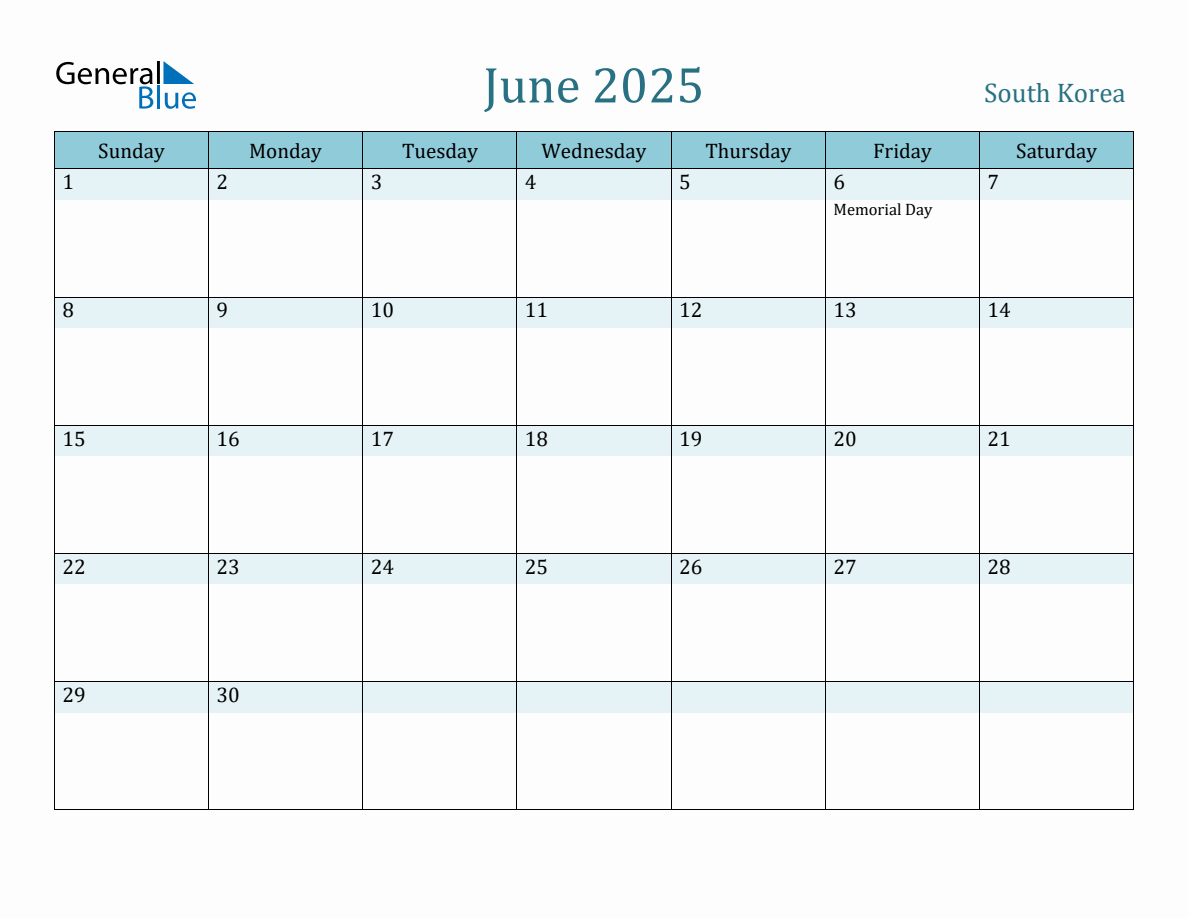 South Korea Holiday Calendar for June 2025