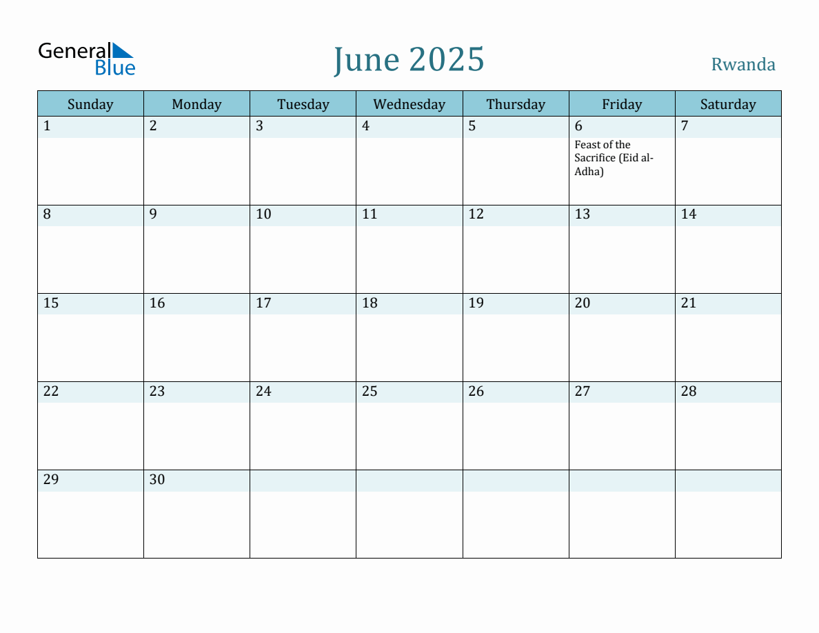 Rwanda Holiday Calendar for June 2025