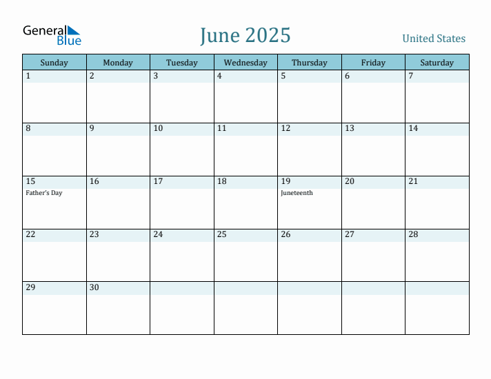 June 2025 Monthly Calendar with United States Holidays