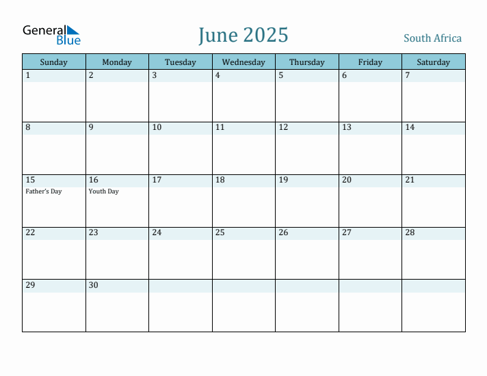 June 2025 Monthly Calendar with South Africa Holidays