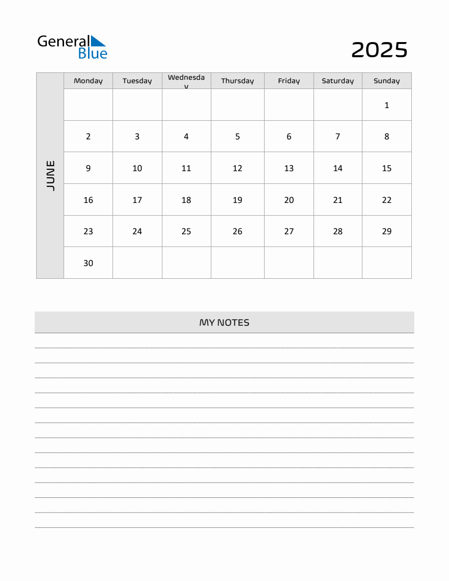 June 2025 Printable Monthly Calendar with Notes