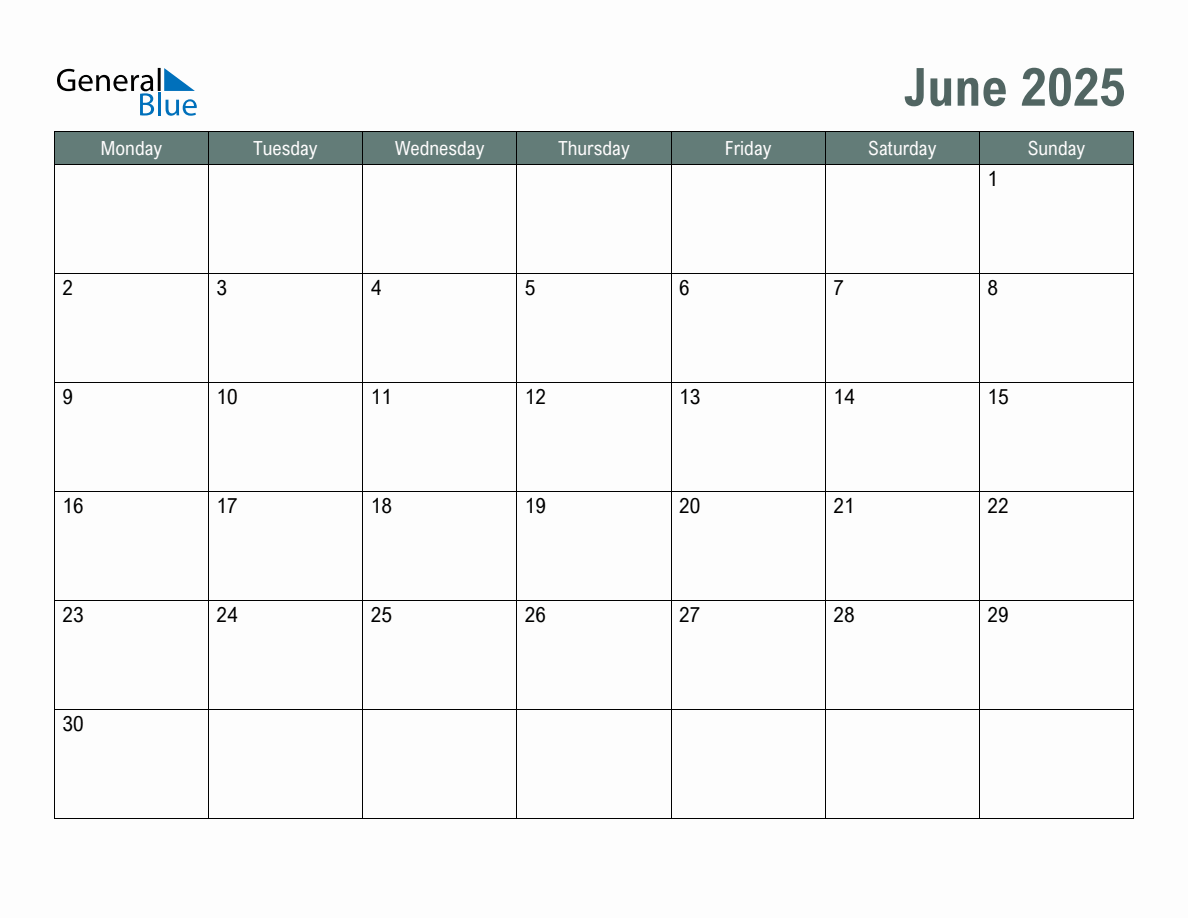 Blank June 2025 Monthly Calendar Template