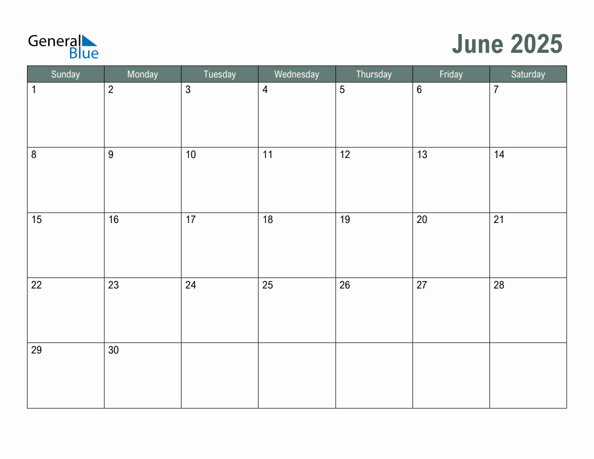 Blank June 2025 Monthly Calendar Template