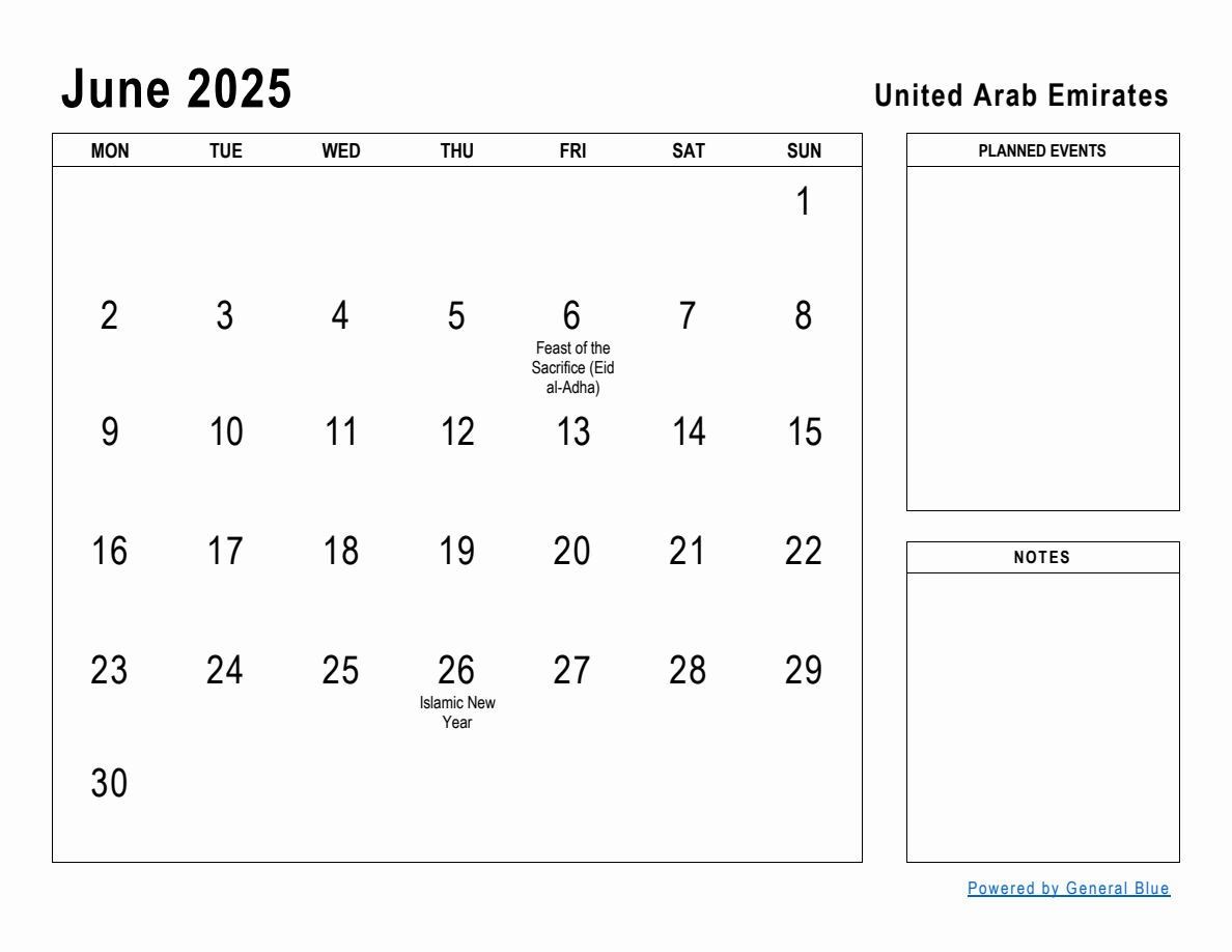 June 2025 Planner with United Arab Emirates Holidays