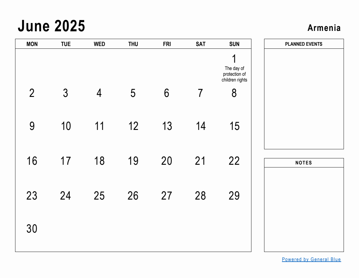 June 2025 Planner with Armenia Holidays