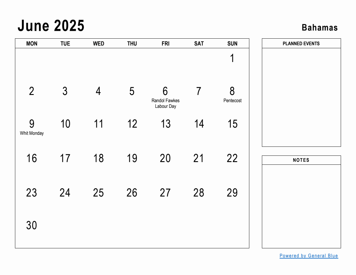 June 2025 Planner with Bahamas Holidays