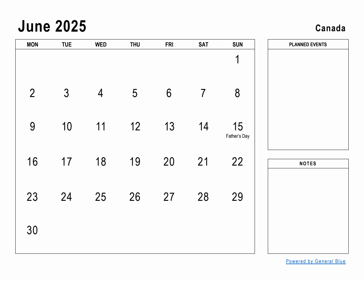 June 2025 Planner with Canada Holidays