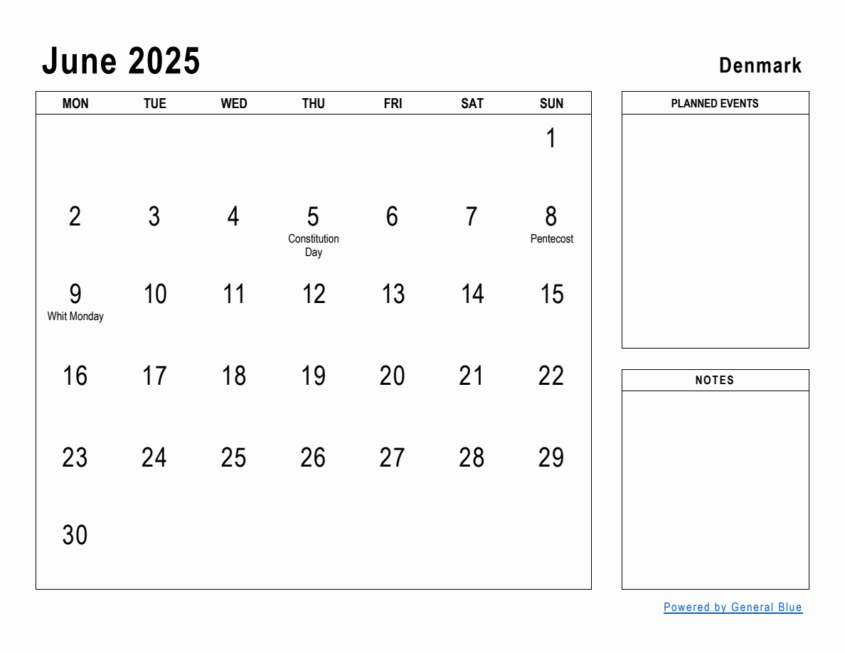 June 2025 Planner with Denmark Holidays